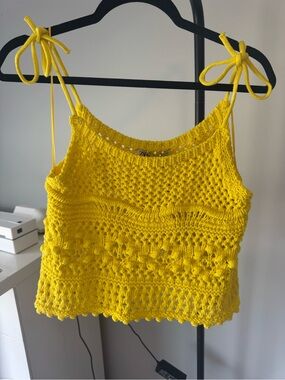 Zara Bright Yellow Crochet Tie-Shoulder Crop Camisole